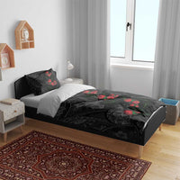 Hawaiian Taro Leaves and Ohia Lehua Bedding Set Polynesian Tribal Art Tropical Plants Motifs Grayscale