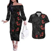 Hawaiian Taro Leaves and Ohia Lehua Couples Matching Off The Shoulder Long Sleeve Dress and Hawaiian Shirt Polynesian Tribal Art Tropical Plants Motifs Grayscale