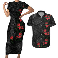 Hawaiian Taro Leaves and Ohia Lehua Couples Matching Short Sleeve Bodycon Dress and Hawaiian Shirt Polynesian Tribal Art Tropical Plants Motifs Grayscale