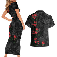 Hawaiian Taro Leaves and Ohia Lehua Couples Matching Short Sleeve Bodycon Dress and Hawaiian Shirt Polynesian Tribal Art Tropical Plants Motifs Grayscale