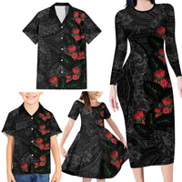 Hawaiian Taro Leaves and Ohia Lehua Family Matching Long Sleeve Bodycon Dress and Hawaiian Shirt Polynesian Tribal Art Tropical Plants Motifs Grayscale