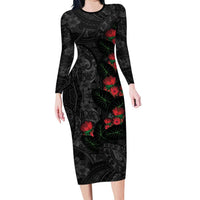 Hawaiian Taro Leaves and Ohia Lehua Family Matching Long Sleeve Bodycon Dress and Hawaiian Shirt Polynesian Tribal Art Tropical Plants Motifs Grayscale