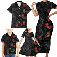 Hawaiian Taro Leaves and Ohia Lehua Family Matching Short Sleeve Bodycon Dress and Hawaiian Shirt Polynesian Tribal Art Tropical Plants Motifs Grayscale
