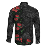 Hawaiian Taro Leaves and Ohia Lehua Family Matching Short Sleeve Bodycon Dress and Hawaiian Shirt Polynesian Tribal Art Tropical Plants Motifs Grayscale