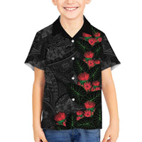 Hawaiian Taro Leaves and Ohia Lehua Family Matching Short Sleeve Bodycon Dress and Hawaiian Shirt Polynesian Tribal Art Tropical Plants Motifs Grayscale