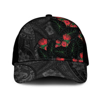 Hawaiian Taro Leaves and Ohia Lehua Mesh Trucker Cap Polynesian Tribal Art Tropical Plants Motifs Grayscale