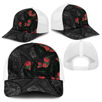 Hawaiian Taro Leaves and Ohia Lehua Mesh Trucker Cap Polynesian Tribal Art Tropical Plants Motifs Grayscale