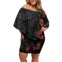 Hawaiian Taro Leaves and Ohia Lehua Off Shoulder Short Dress Polynesian Tribal Art Tropical Plants Motifs Grayscale