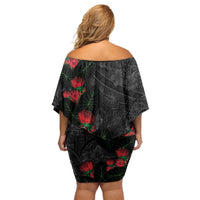 Hawaiian Taro Leaves and Ohia Lehua Off Shoulder Short Dress Polynesian Tribal Art Tropical Plants Motifs Grayscale