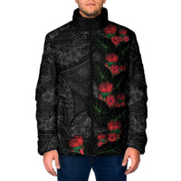 Hawaiian Taro Leaves and Ohia Lehua Padded Jacket Polynesian Tribal Art Tropical Plants Motifs Grayscale