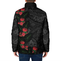 Hawaiian Taro Leaves and Ohia Lehua Padded Jacket Polynesian Tribal Art Tropical Plants Motifs Grayscale
