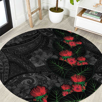 Hawaiian Taro Leaves and Ohia Lehua Round Carpet Polynesian Tribal Art Tropical Plants Motifs Grayscale