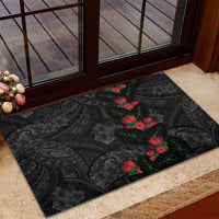 Hawaiian Taro Leaves and Ohia Lehua Rubber Doormat Polynesian Tribal Art Tropical Plants Motifs Grayscale