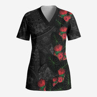 Hawaiian Taro Leaves and Ohia Lehua Scrub Top Polynesian Tribal Art Tropical Plants Motifs Grayscale