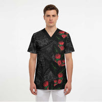 Hawaiian Taro Leaves and Ohia Lehua Scrub Top Polynesian Tribal Art Tropical Plants Motifs Grayscale
