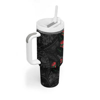 Hawaiian Taro Leaves and Ohia Lehua Tumbler With Handle Polynesian Tribal Art Tropical Plants Motifs Grayscale