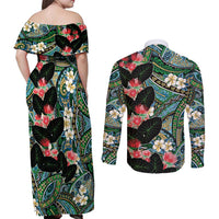 Hawaiian Taro Leaves and Ohia Lehua Couples Matching Off Shoulder Maxi Dress and Long Sleeve Button Shirt Polynesian Tribal Art Tropical Plants Motifs Colorful