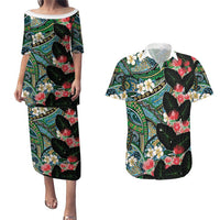 Hawaiian Taro Leaves and Ohia Lehua Couples Matching Puletasi and Hawaiian Shirt Polynesian Tribal Art Tropical Plants Motifs Colorful