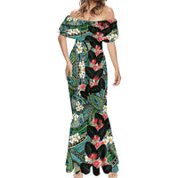 Hawaiian Taro Leaves and Ohia Lehua Mermaid Dress Polynesian Tribal Art Tropical Plants Motifs Colorful