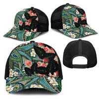 Hawaiian Taro Leaves and Ohia Lehua Mesh Trucker Cap Polynesian Tribal Art Tropical Plants Motifs Colorful