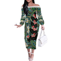 Hawaiian Taro Leaves and Ohia Lehua Off The Shoulder Long Sleeve Dress Polynesian Tribal Art Tropical Plants Motifs Colorful