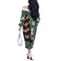 Hawaiian Taro Leaves and Ohia Lehua Off The Shoulder Long Sleeve Dress Polynesian Tribal Art Tropical Plants Motifs Colorful