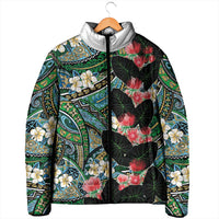 Hawaiian Taro Leaves and Ohia Lehua Padded Jacket Polynesian Tribal Art Tropical Plants Motifs Colorful