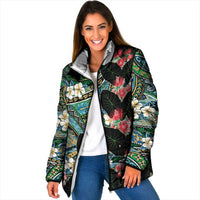 Hawaiian Taro Leaves and Ohia Lehua Padded Jacket Polynesian Tribal Art Tropical Plants Motifs Colorful
