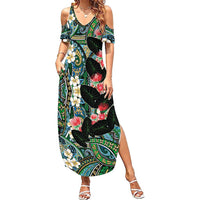 Hawaiian Taro Leaves and Ohia Lehua Summer Maxi Dress Polynesian Tribal Art Tropical Plants Motifs Colorful