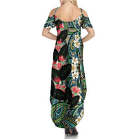 Hawaiian Taro Leaves and Ohia Lehua Summer Maxi Dress Polynesian Tribal Art Tropical Plants Motifs Colorful