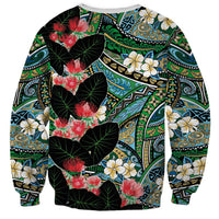 Hawaiian Taro Leaves and Ohia Lehua Sweatshirt Polynesian Tribal Art Tropical Plants Motifs Colorful