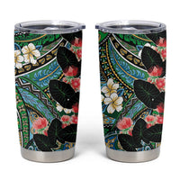 Hawaiian Taro Leaves and Ohia Lehua Tumbler Cup Polynesian Tribal Art Tropical Plants Motifs Colorful