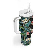 Hawaiian Taro Leaves and Ohia Lehua Tumbler With Handle Polynesian Tribal Art Tropical Plants Motifs Colorful