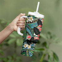 Hawaiian Taro Leaves and Ohia Lehua Tumbler With Handle Polynesian Tribal Art Tropical Plants Motifs Colorful