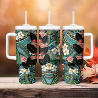 Hawaiian Taro Leaves and Ohia Lehua Tumbler With Handle Polynesian Tribal Art Tropical Plants Motifs Colorful