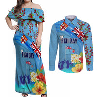 Fiji Day Couples Matching Off Shoulder Maxi Dress and Long Sleeve Button Shirt Tagimoucia Flower and Melanesia Pattern LT03 Blue - Polynesian Pride