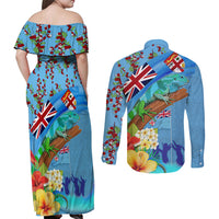 Fiji Day Couples Matching Off Shoulder Maxi Dress and Long Sleeve Button Shirt Tagimoucia Flower and Melanesia Pattern LT03 - Polynesian Pride