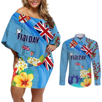Fiji Day Couples Matching Off Shoulder Short Dress and Long Sleeve Button Shirt Tagimoucia Flower and Melanesia Pattern LT03 Blue - Polynesian Pride