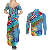 Fiji Day Couples Matching Summer Maxi Dress and Long Sleeve Button Shirt Tagimoucia Flower and Melanesia Pattern LT03 - Polynesian Pride