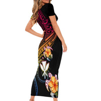 Polynesia Hawaii Turtle Day Short Sleeve Bodycon Dress Hibiscus and Kanaka Maoli