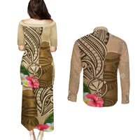 Hawaii Kanaloa Tiki Couples Matching Puletasi and Long Sleeve Button Shirt Polynesian Tattoo and Tapa Pattern LT03 - Polynesian Pride