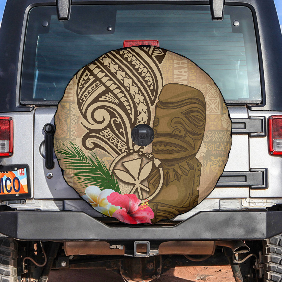 Hawaii Kanaloa Tiki Spare Tire Cover Polynesian Tattoo and Tapa Pattern