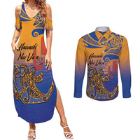 Hawaiki Nui Va'a Solo French Polynesia Couples Matching Summer Maxi Dress and Long Sleeve Button Shirt Sunset Color