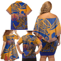 Hawaiki Nui Va'a Solo French Polynesia Family Matching Off Shoulder Short Dress and Hawaiian Shirt Sunset Color