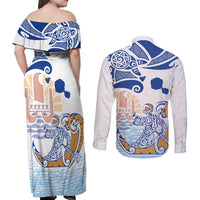 Hawaiki Nui Va'a Solo French Polynesia Couples Matching Off Shoulder Maxi Dress and Long Sleeve Button Shirt Blue Color