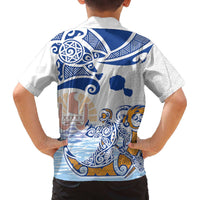 Hawaiki Nui Va'a Solo French Polynesia Family Matching Off The Shoulder Long Sleeve Dress and Hawaiian Shirt Blue Color