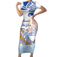 Hawaiki Nui Va'a Solo French Polynesia Short Sleeve Bodycon Dress Blue Color LT03 Long Dress Blue - Polynesian Pride