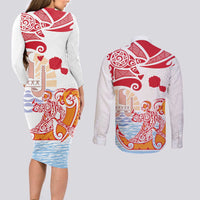 Hawaiki Nui Va'a Solo French Polynesia Couples Matching Long Sleeve Bodycon Dress and Long Sleeve Button Shirt Red Color