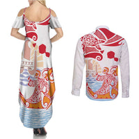 Hawaiki Nui Va'a Solo French Polynesia Couples Matching Summer Maxi Dress and Long Sleeve Button Shirt Red Color