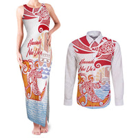 Hawaiki Nui Va'a Solo French Polynesia Couples Matching Tank Maxi Dress and Long Sleeve Button Shirt Red Color